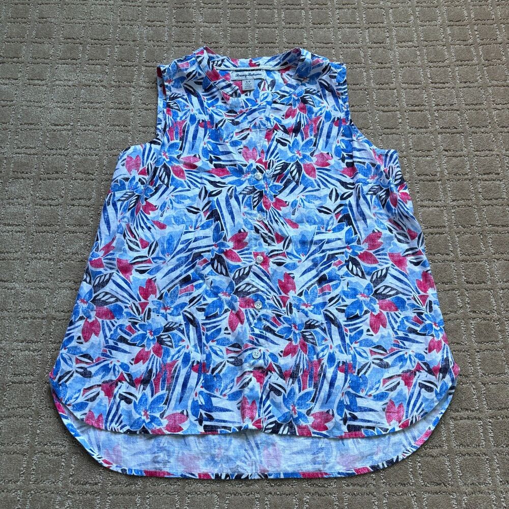 Tommy Bahama 100% Linen Floral Sleeveless Tunic Tank Women's Small White Blue